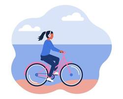 A girl in headphones rides a bicycle along the beach, the shore. The concept of a healthy active lifestyle. Vector image in a flat style