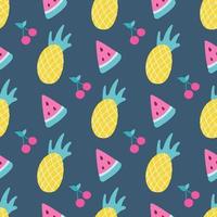 Pineapple, watermelon and cherry on a dark background. Vector seamless pattern in flat style