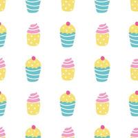 Cupcakes, muffins with cream and berries on a white background. Vector seamless pattern in a flat style