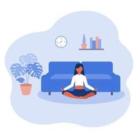 The girl in the lotus position. Practice meditation, yoga from home. Healthy lifestyle. Vector illustration in flat cartoon style