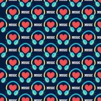 Headphones with a heart on a dark blue background. Music vector seamless pattern in flat style