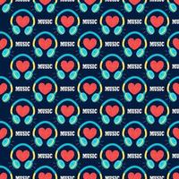 Headphones with a heart on a dark blue background. Music vector seamless pattern in flat style