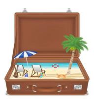 suitcase open with sea and beach scene inside vector