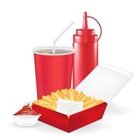 french fries with sauce bottle and drink vector