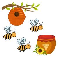 Set on the theme of bees, beehive and honey in a jar vector