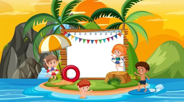 Empty banner template with kids on vacation at the beach sunset scene