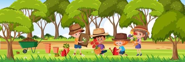 Many little gardeners in garden horizontal scene vector