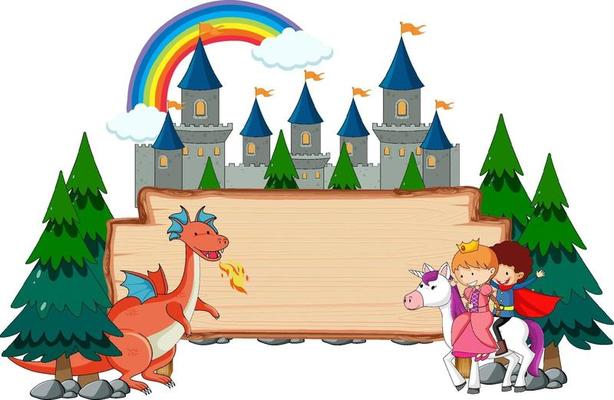 Blank wooden banner with fantasy cartoon character isolated