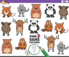 Encuentra dos mismos animales de dibujos animados juego educativo vector