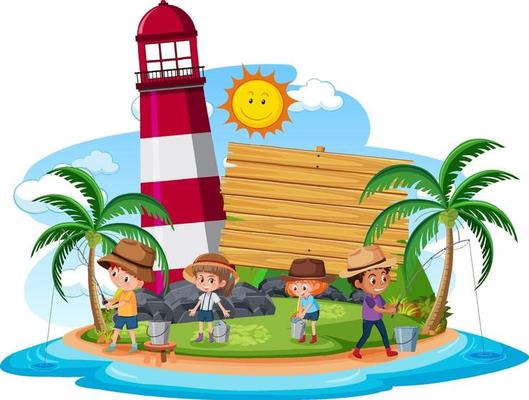 Empty banner template with kids fishing at the beach on white background