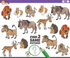 find two same cartoon wild animals educational game vector