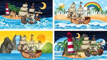 Set of different beach scenes with pirate ship and pirate cartoon character vector