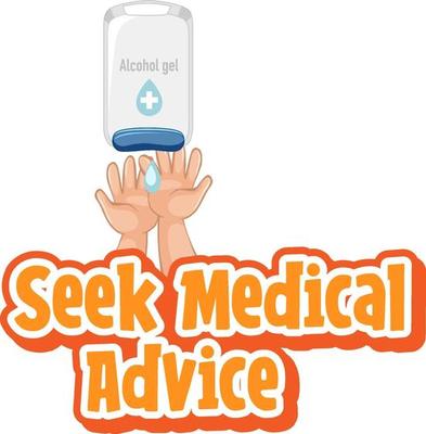 Seek Medical Advice font in cartoon style with hands using alcohol gel isolated