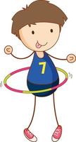 Cute boy playing hula hoop cartoon character in hand drawn doodle style isolate vector