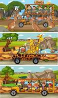 Set of different safari horizontal scenes with animals and kids cartoon character vector