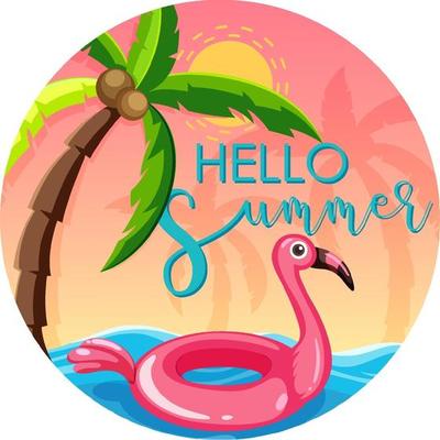Hello Summer font with flamingo swimming ring banner isolated