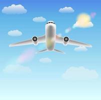 white airplane flying with bright sky background vector