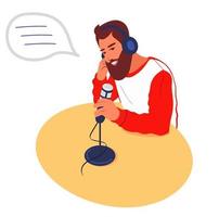 A radio host records an Audio podcast. A male podcaster speaks into a microphone. Radio host broadcasts in the media., DJ works in the Studio. Flat vector illustration