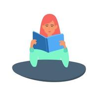 A teenage girl reads a book. The student is sitting at the table, holding a textbook. A teenager is preparing for an exam. Vector illustration in flat style.