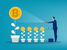 Businessman holding a flashlight uncovering Bitcoin plant growing taller than others. exchange coin Concept vector illustration