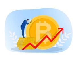 Businessman with Magnifying glass enjoys the increase in Bitcoin prices. Financial concept. Vector illustration.