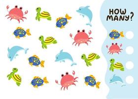 Counting game for preschool kids. Educational math game. Count how many marine mammals there are and write down the result. Vector illustration in cartoon style