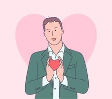 historia de amor o concepto de día de San Valentín. apuesto hombre feliz divertido en chaqueta y camisa blanca con forma de corazón rojo grande. vector