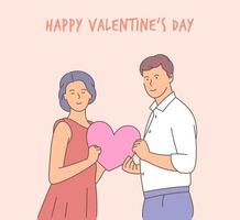 Lifestyle concept on Valentine's Day theme. Young happy couple of lovers holds a red heart. Romantic vector illustration on love story theme.