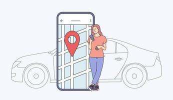 Car sharing and online application concept. Young woman near smartphone screen with route and location point on a city map with car background. Flat vector illustration