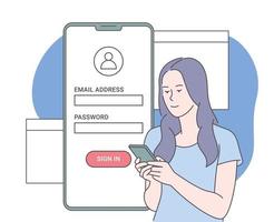 Online registration and sign up concept. Young woman signing up or login to online account on smartphone app. User interface. Secure login and password. vector