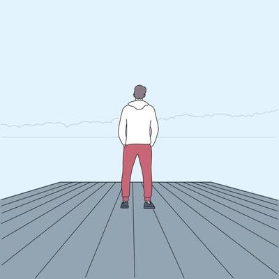 Hiker, personal journey and traveling alone concept. Person with backpack watching view of nature with forest and lake.
