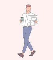 Businessmen having coffee break vector concept. Businessman drinking hot coffee and read newspaper. Flat vector illustration