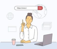 Online education concept. Woman connecting with her computer at home and following online courses, distance learning. vector