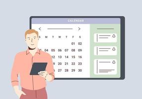 Planning schedule and online calendar concept. Business man planning day scheduling appointment in calendar application. Man is adding event, meeting reminders in planning app. vector