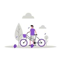 Flat vector illustration of someone riding a bike in the park