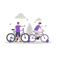 Flat vector illustration of someone riding a bike in the park with a friend