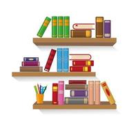 Tres estanterías con diferentes libros de colores. vector