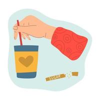 Hand stirs sugar in a paper cup of tea or coffee Modern flat illustration vector