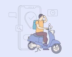 concepto de servicio de entrega en línea. Clientes que realizan pedidos en la aplicación móvil, el motociclista va de acuerdo con el mapa gps. vector