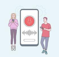 Smart speaker, voice assistant concept with characters. Young people with gadgets near smartphone. Speaker recognition, voice controlled smart speaker. Voice activated digital assistants, identification. vector