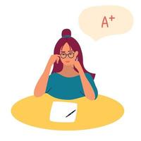 A student writes an exam. The student is preparing for the exam. The girl thinks about successfully passing the exams. Flat Vector Cartoon Illustration