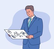 Data information business concept. Young Smart business man analyzing data information on screen. Flat vector illustration