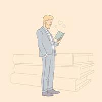 Pasatiempo intelectual, amantes de los libros, estudiantes que aprenden y se preparan para el concepto de esquema de exámenes. el hombre alegre no puede dejar de leer su libro favorito. vector