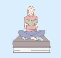 Intellectual hobby, book lovers, students learning and preparing for exams outline concept. Young man or student sitting on pile of books and reading book. vector