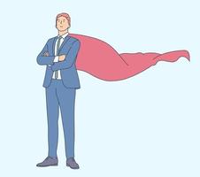 Business career growth and leadership concept. Successful business man or male office worker in suit and red cape. vector