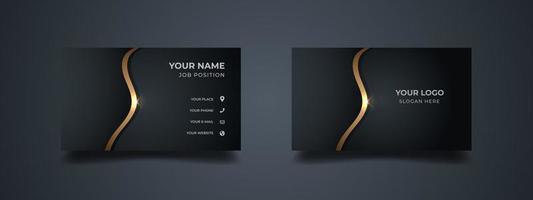 Luxury business card design template. Elegant dark back background with abstract shiny golden wavy lines. Vector illustration ready to print.