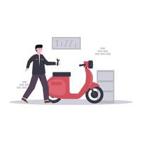 Flat vector illustration of mechanic making custom motorbikes