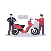 Flat vector illustration of mechanic making custom motorbikes