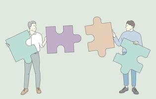 Teamwork, working together concept. Team of businessmen partners coworkers collect jigsaw puzzles finding solution together. vector