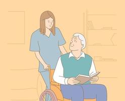 Nursing home, hospital, hospice, rehabilitation concept. Smiling female nurse pushing wheelchair with smiling senior man vector